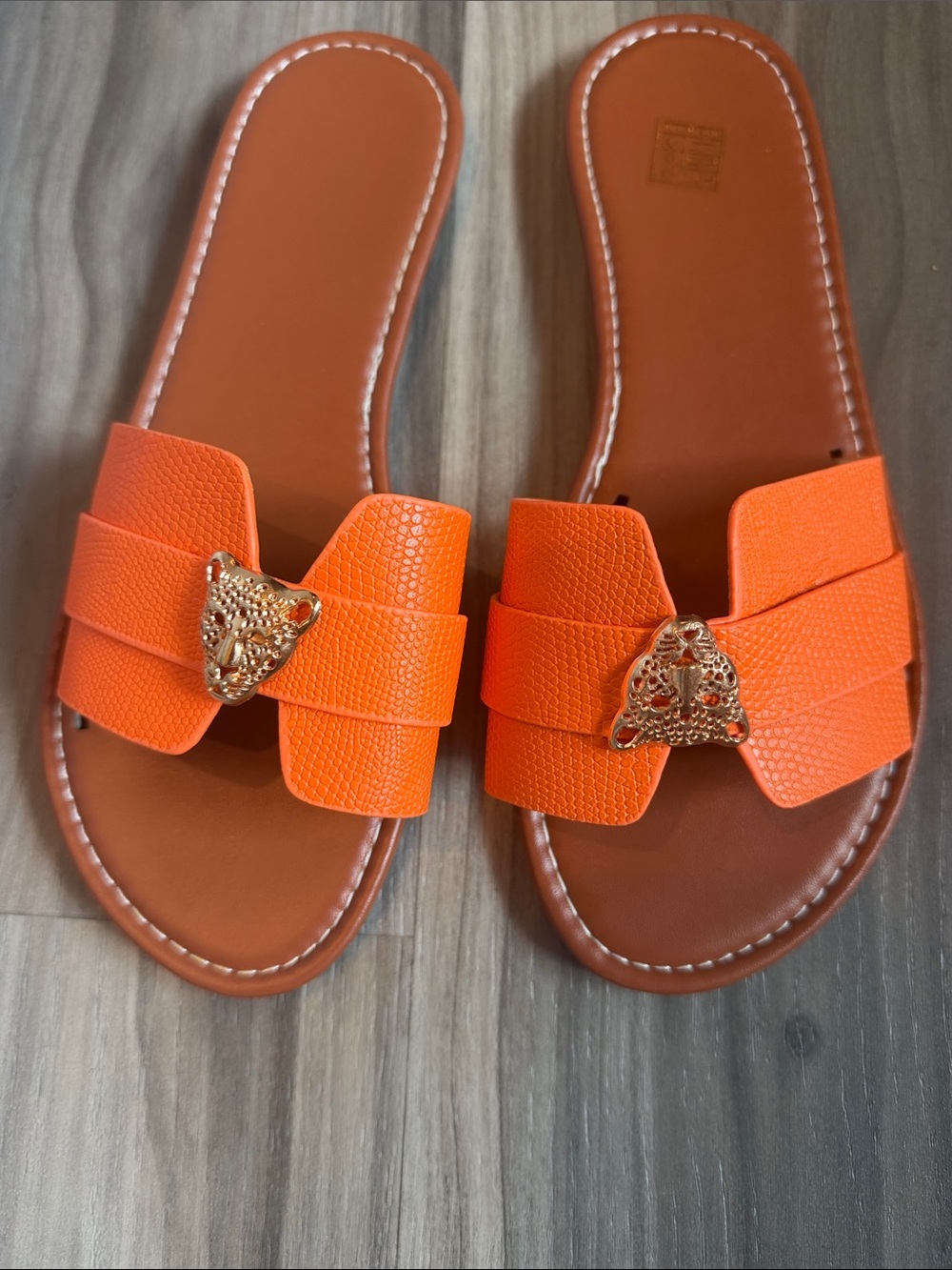 Orange Slide Sandals with Gold Accent - Women